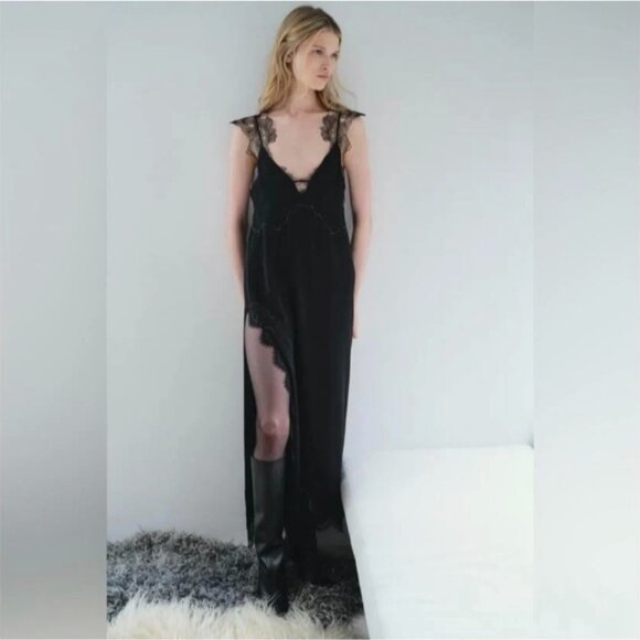 Zara Dresses & Skirts - Zara Slip Camisole Midi Maxi Dress Size L Womans Black Satin Lace Trim Low Back